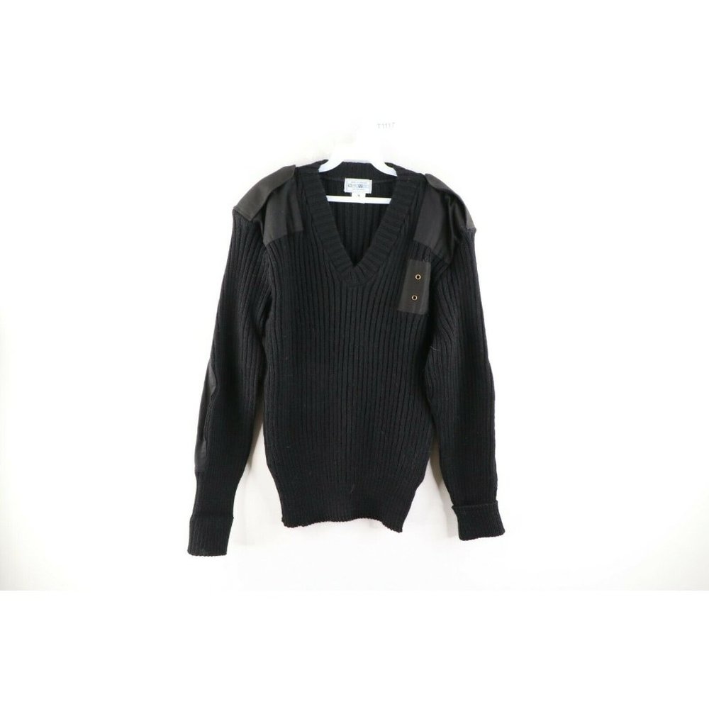 Vintage 70s Blauer Mens Medium Wool Knit Tactical Uniform V-Neck Sweater Black